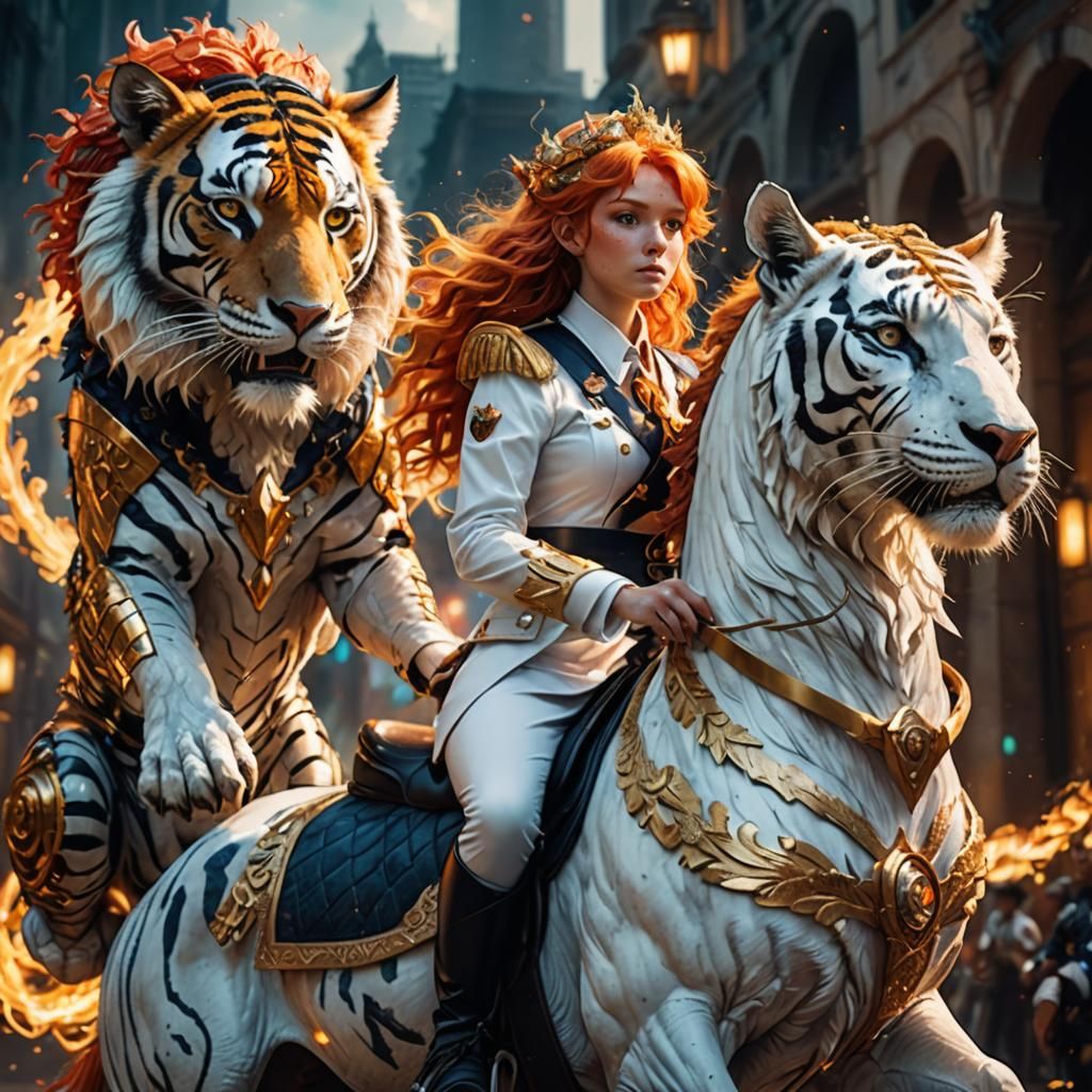 Fire-Haired Fairy Rides Tiger-Horse in Cinematic Fantasy