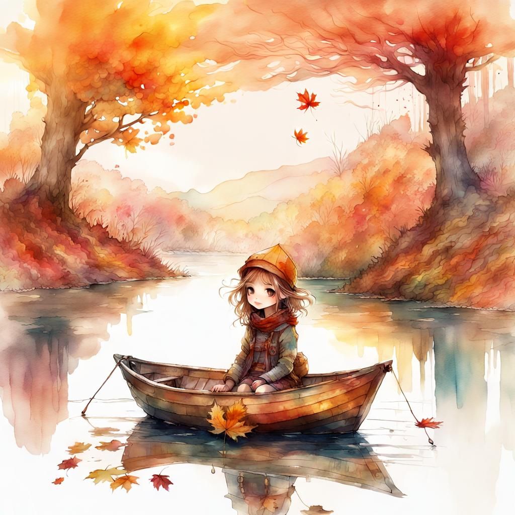 Chibi Autumn Girl in Tiny Boat Watercolor