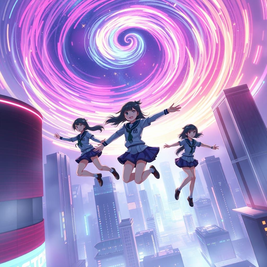 Students Soaring Through Future Cityscape in 3D Anime Art