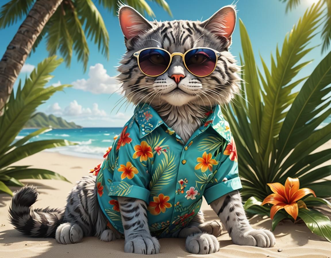 Cat in Hawaiian Shirt on Tropical Beach, 3D Render