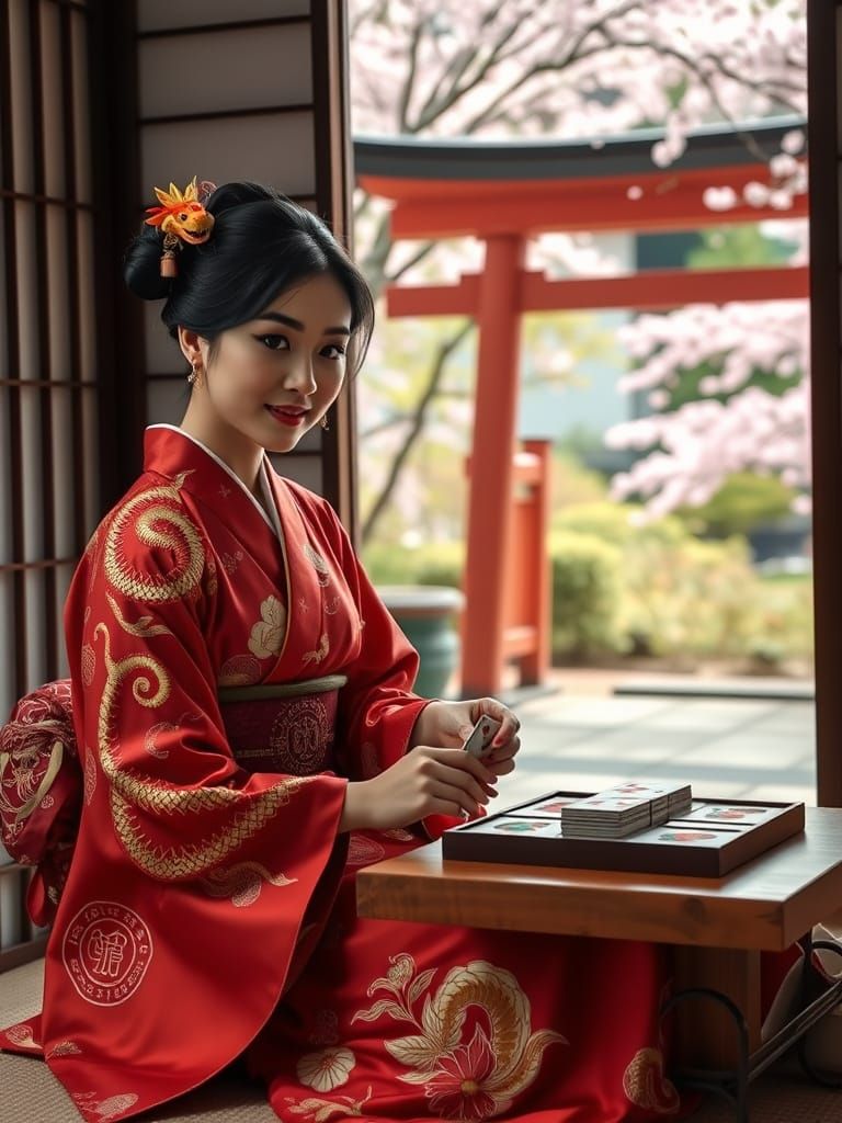 Japanese Woman Playing Koi-Koi with Dragon