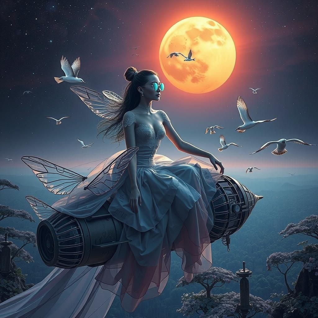 Surreal Spaceship Voyage in Sunset Galaxy