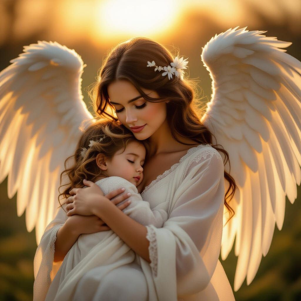 Angel Cradling Child in Golden Hour Light