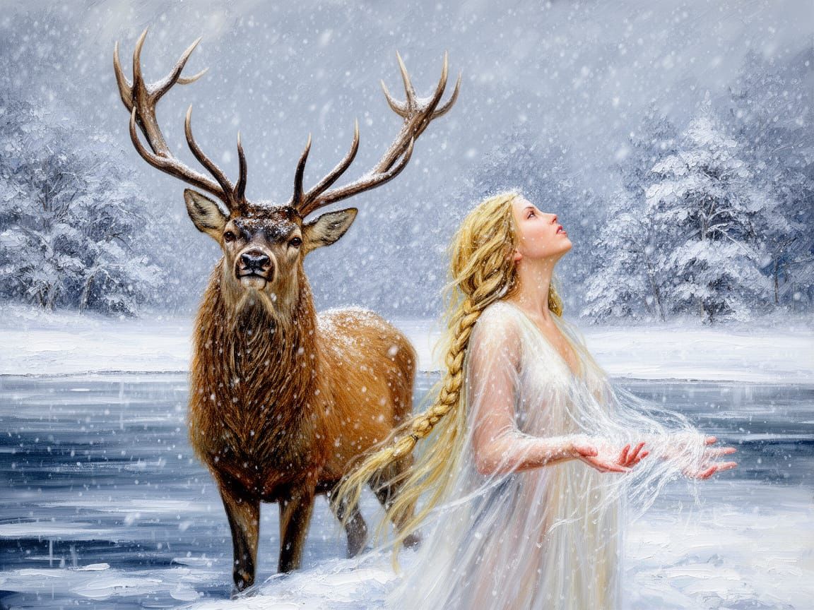 Woman Conjures Snowstorm with Stag by Frozen Lake
