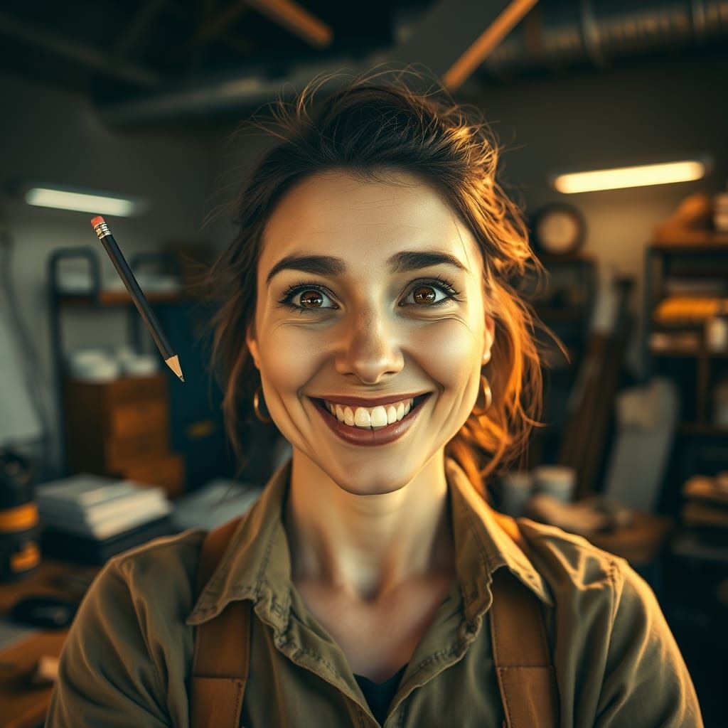 Woman Celebrates Breakthrough in Cluttered Workshop