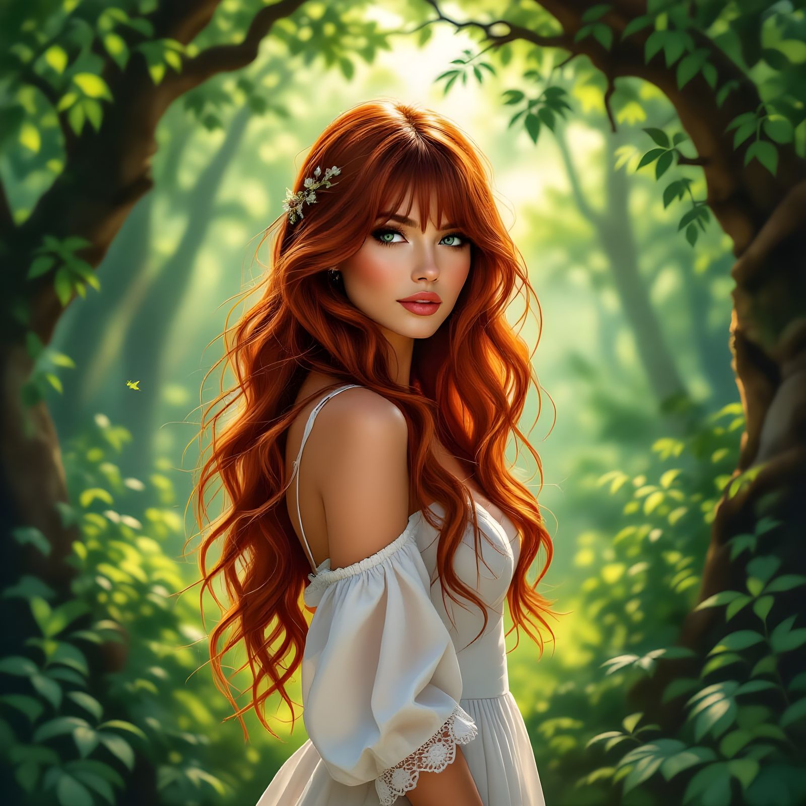 Woman with Red Hair in Sun-Dappled Forest as Oil Painting