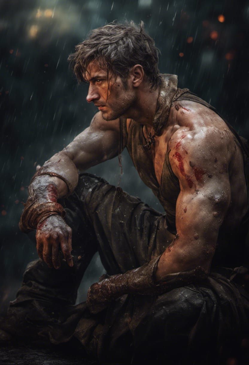 Exhausted Warrior After Battle in Rain