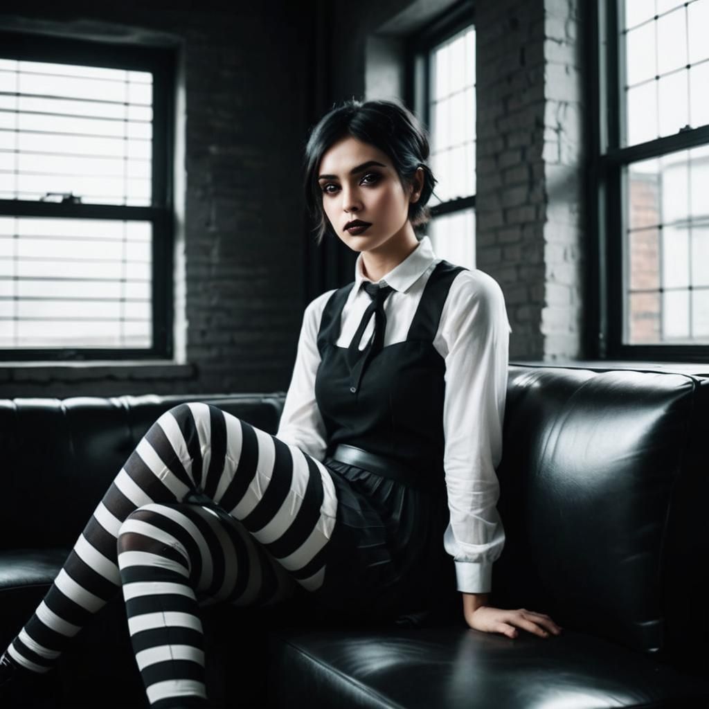 Woman in Striped Tights on Leather Sofa