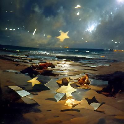 Night Beach with Scattered Stars, Oil Painting
