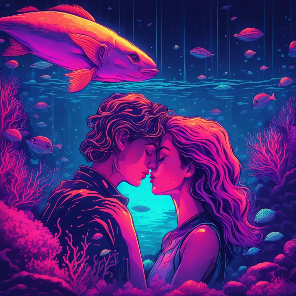 Underwater Kiss: Synthwave Neon Retro Art