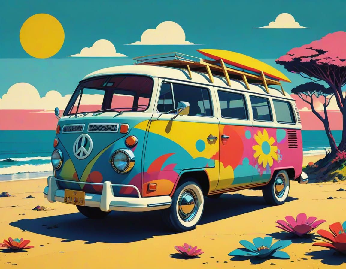 Psychedelic Beach Scene with Vintage Combi Van in Triadic Co...