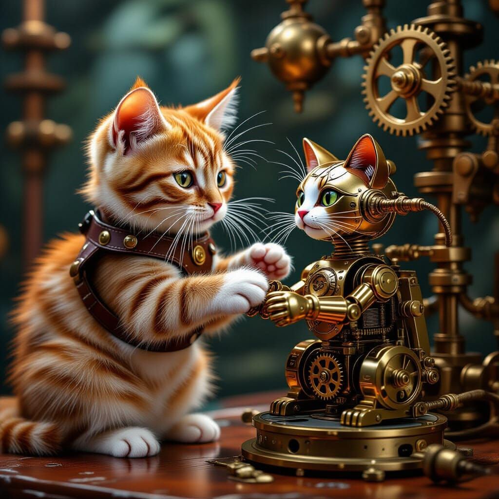 Tabby Cat Plays with Steampunk Mechanical Feline