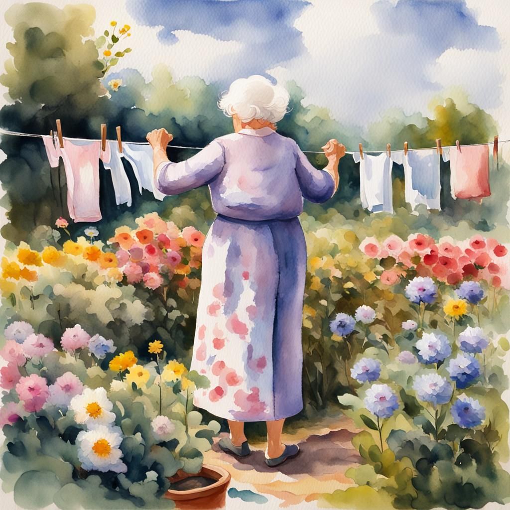 Impressionist Lady in Flower Garden Hanging Laundry