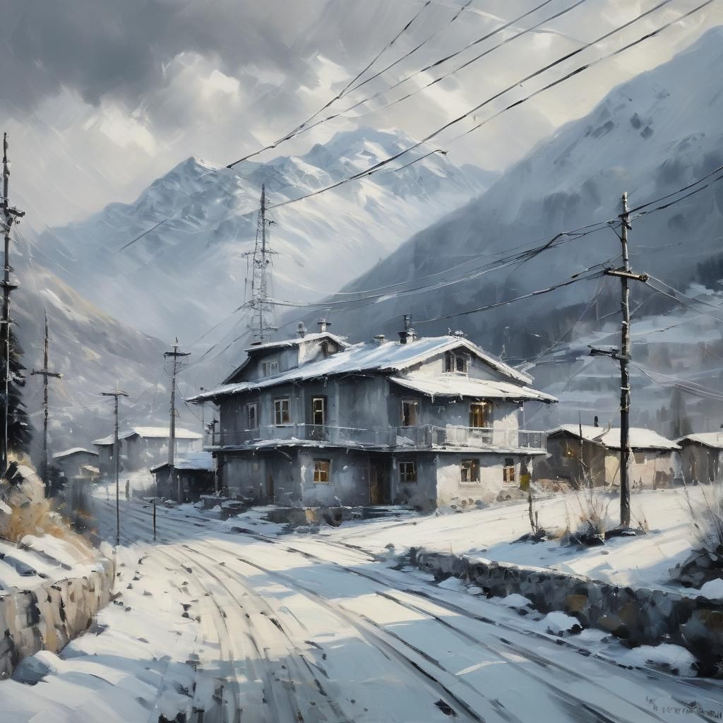 Icy Mountain Village Villa in Impressionist Oil Painting