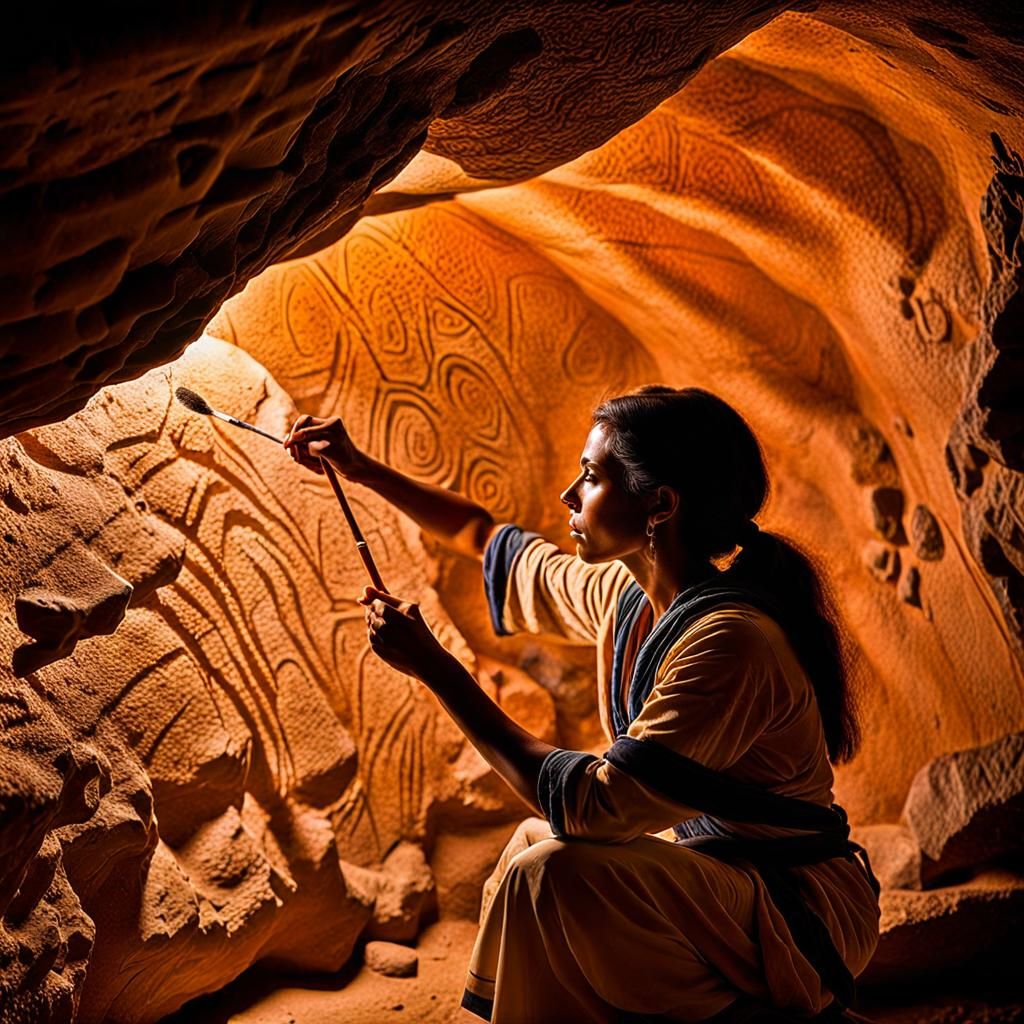 Paleolithic Woman's Cave Painting by Torchlight
