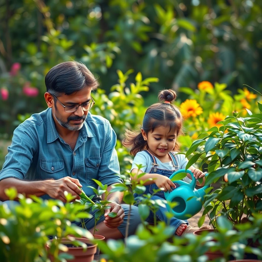 Indian Father and Daughter Gardening: Realistic 3D Render