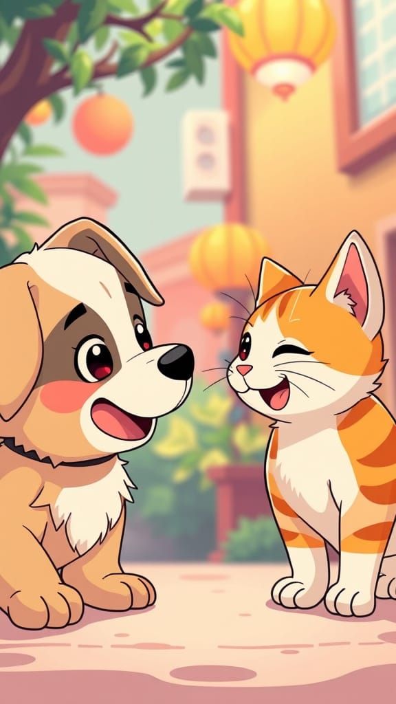 Dog and Cat Face Off in Whimsical Studio Trigger Style