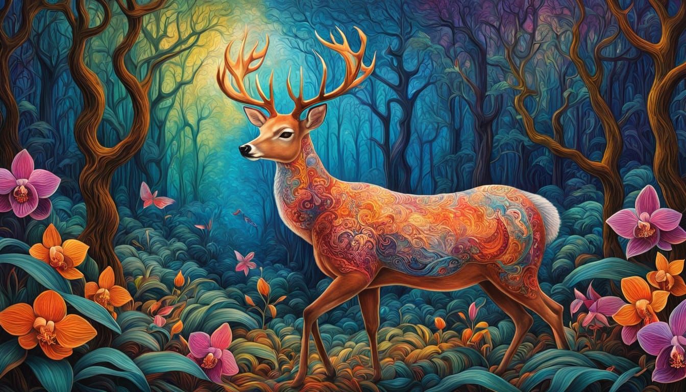 Ethereal Deer in Stained Glass Forest