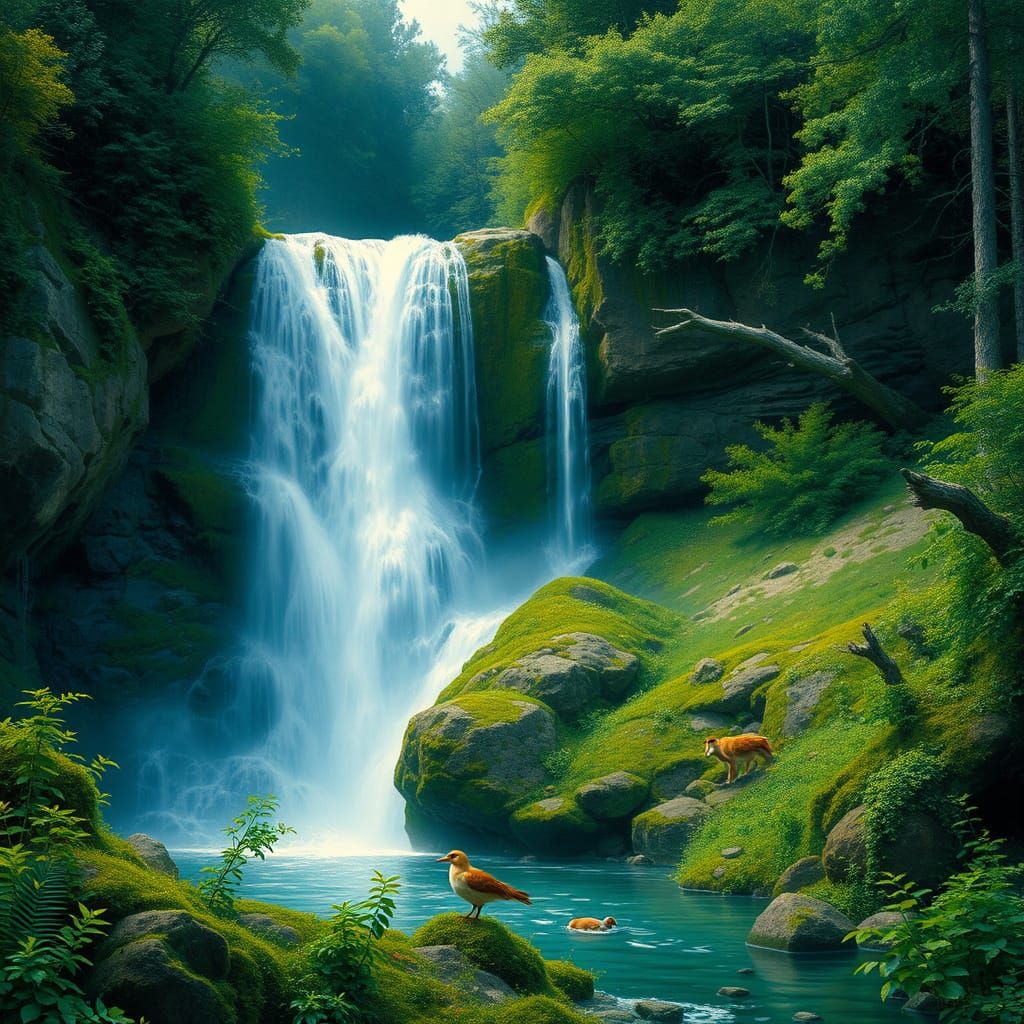 Romantic Russian Waterfall in Lush Greenery