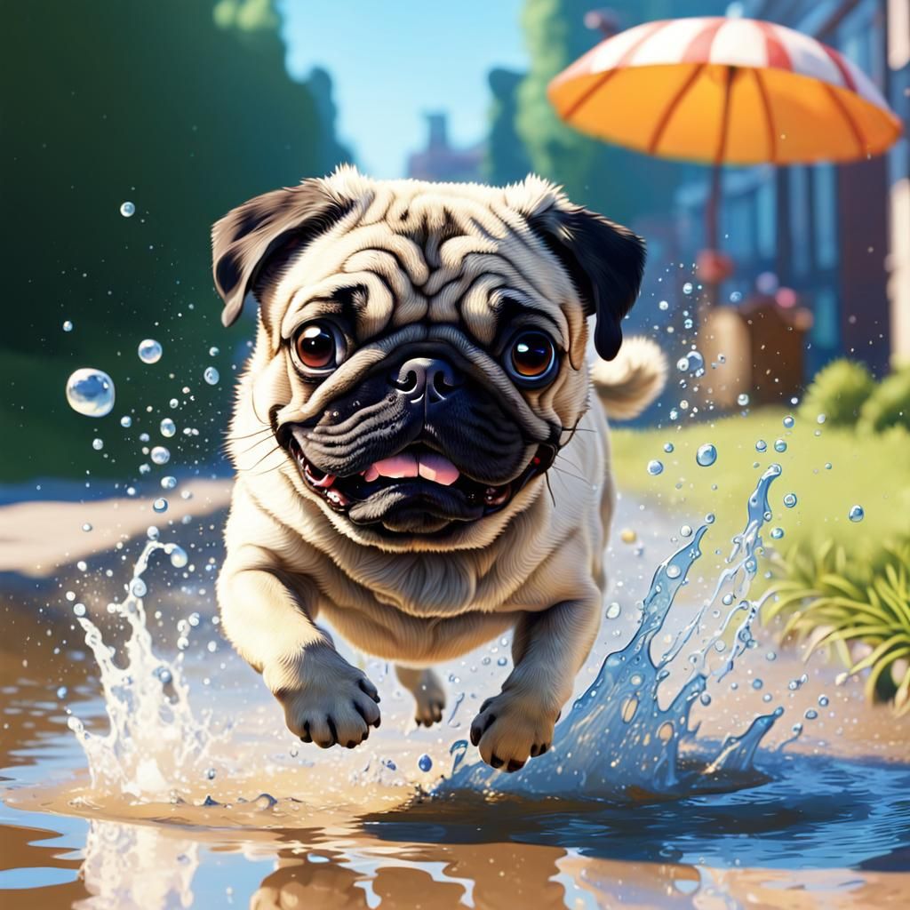 Happy Pug Playing in Puddle: Pixar Style