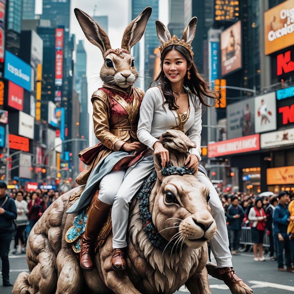 Asian Maiden Rides Giant Hare in Times Square