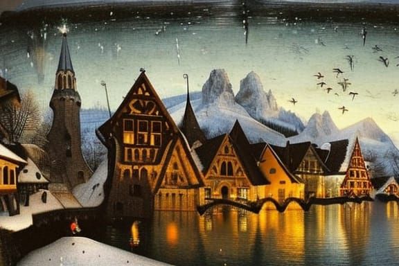 Burning Church in Snowy Village at Blue Hour