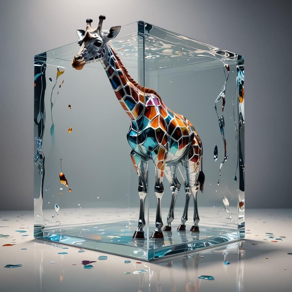 Silver Giraffe in Glass Cube: Hyperrealistic Concept Art