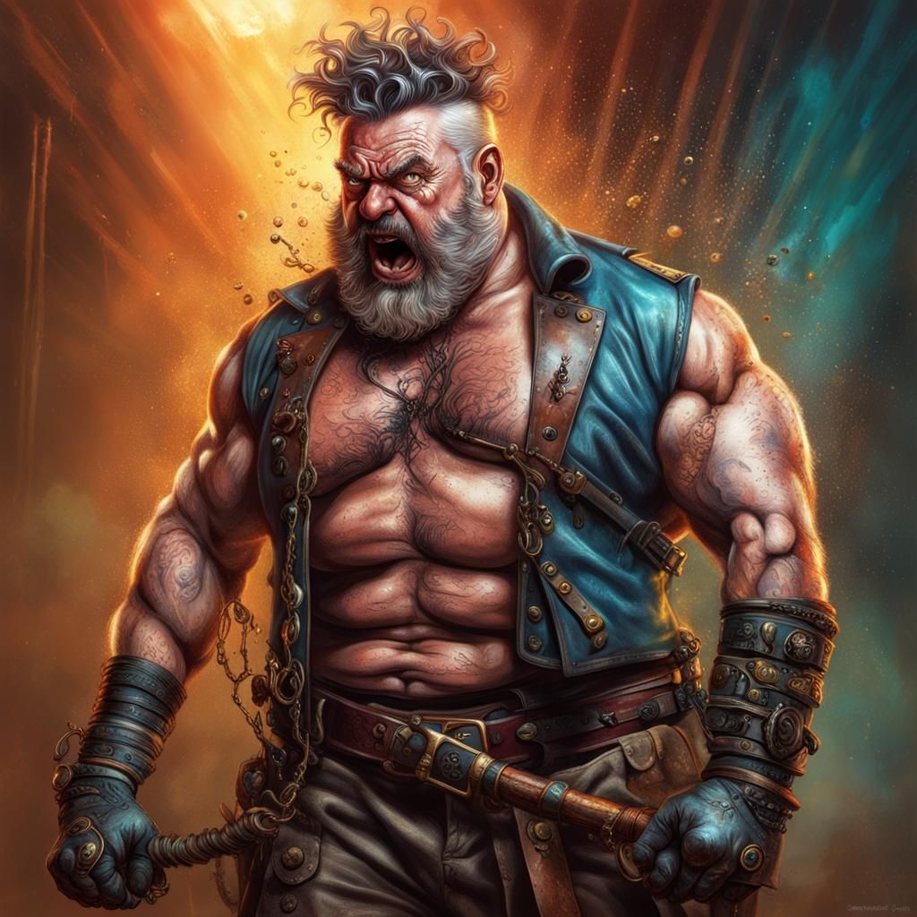 Steampunk Flogger Wielded by Hairy Man: Hyperrealistic Art