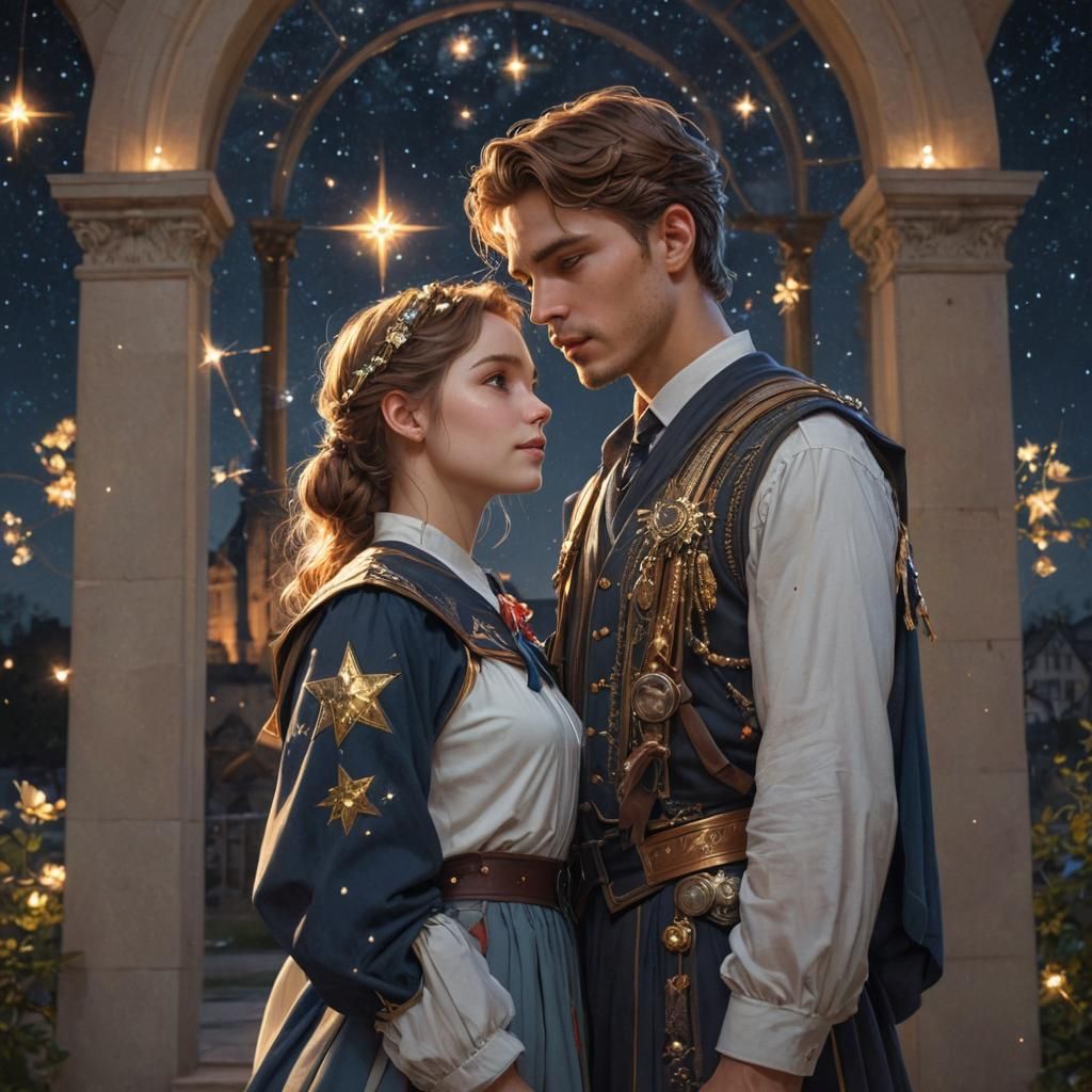 Portrait of innocent college couple romantically looking at stars at night, magical school uniform, fantasy construction...