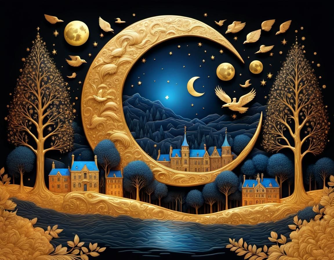 Crystal Moon Over Night Forest in Palekh Style