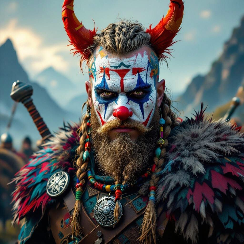 Viking Warrior with Clown Paint in Mystical Nordic Landscape