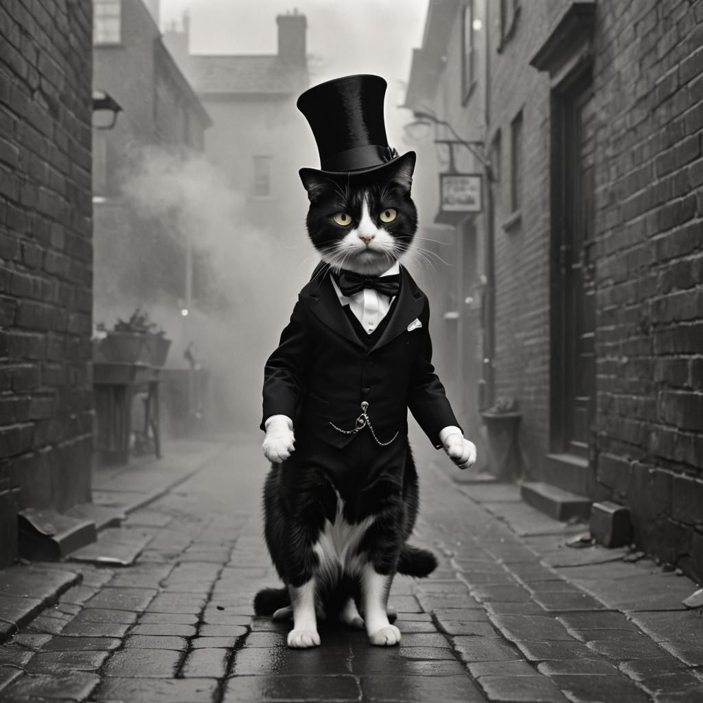 Black and white dapper steam punk tuxedo cat