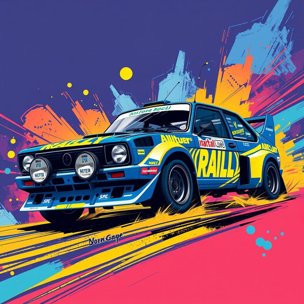 Rally car wrapped in "weekend" artwork