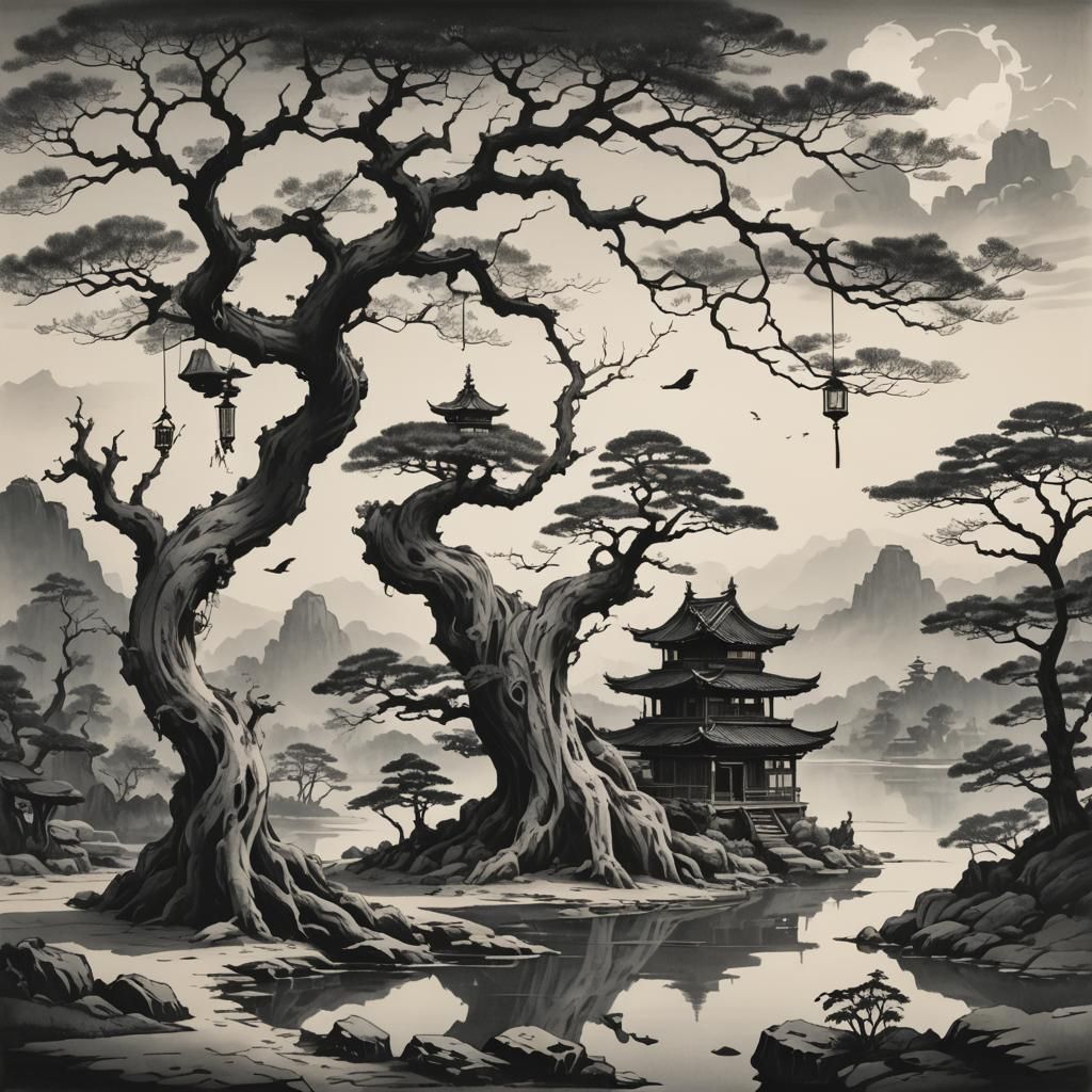 Dreamlike Bonsai Tree with House in Ink Wash Style