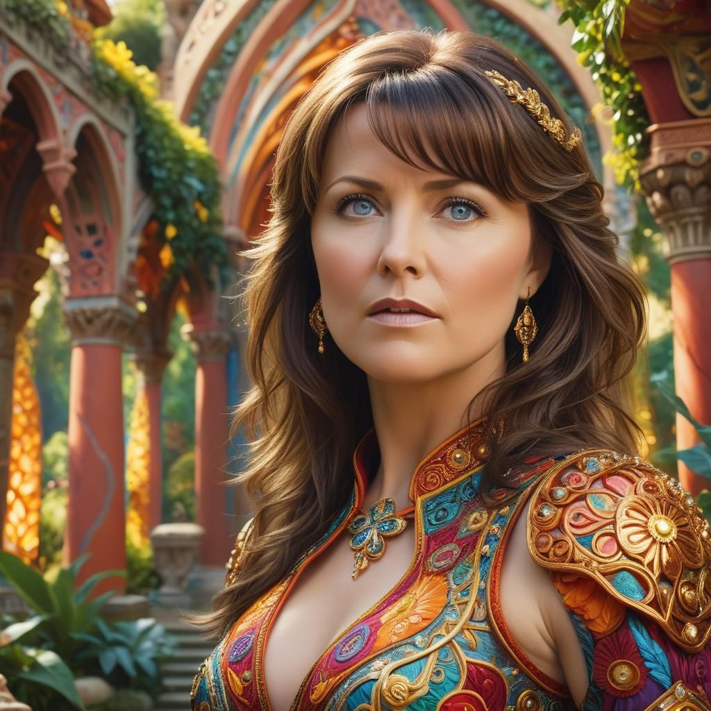 Ornate Temple Garden Portrait in Surreal Digital Art