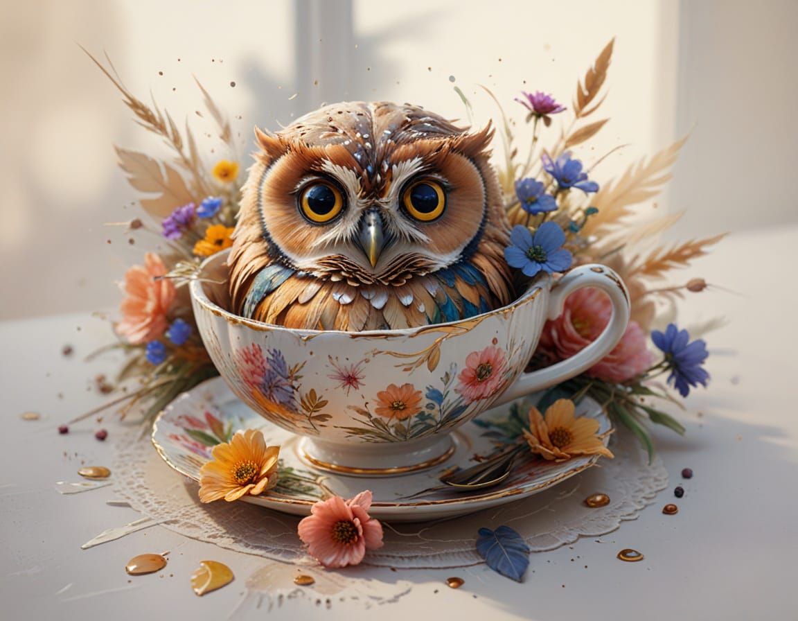 Baby Owl in Teacup: Whimsical Realistic Art