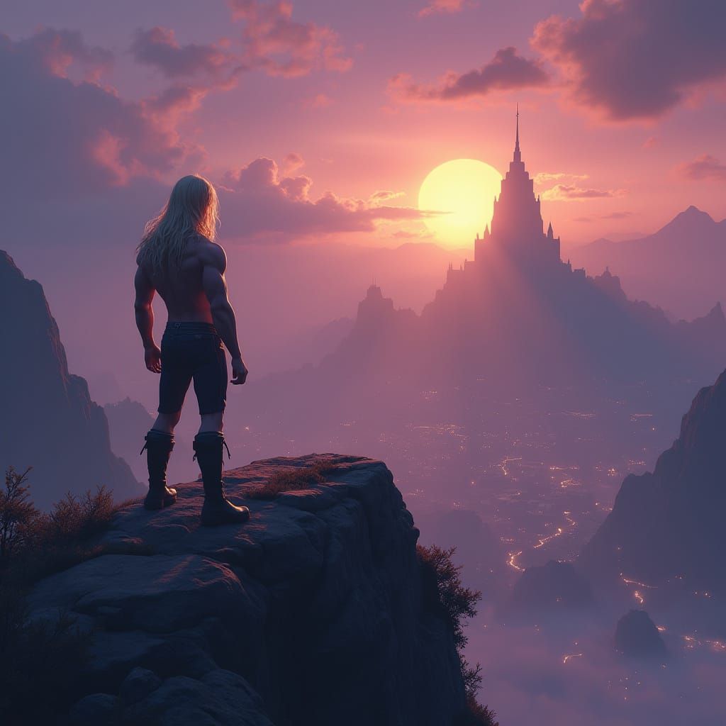 Dark Fantasy Hero Surveys the City Below Him Under Starry Ni...