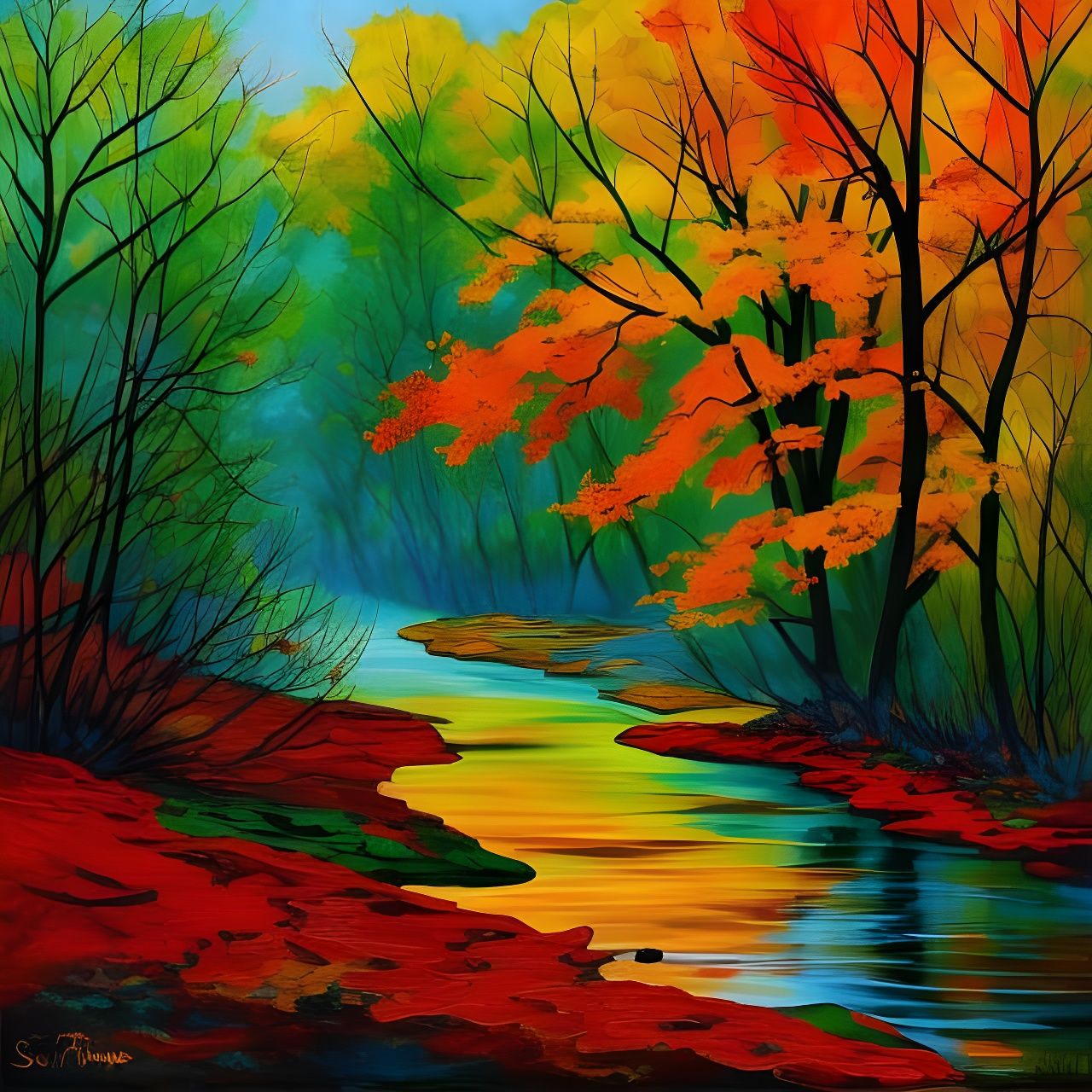 Autumn River in Splash-Color Painting Style