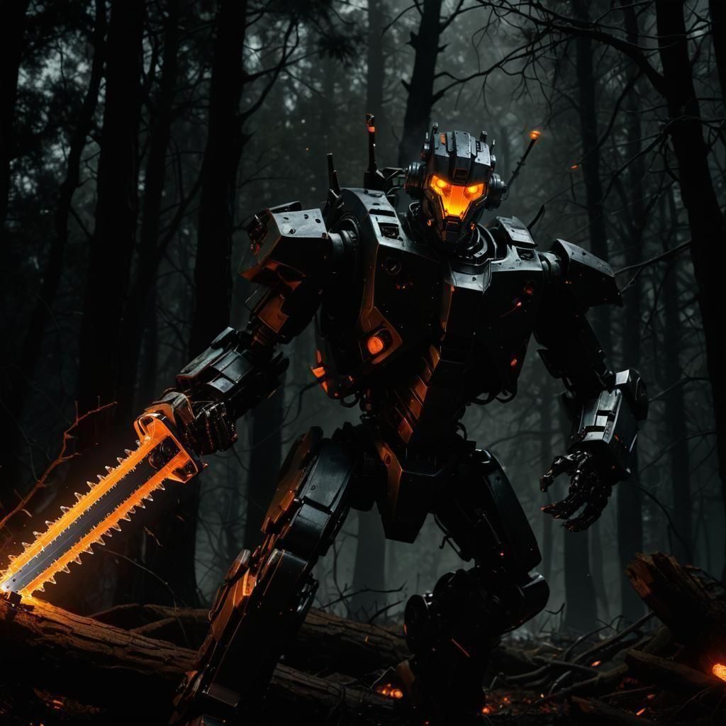 Robot with Glowing Chainsaw in Dark Sci-Fi Forest