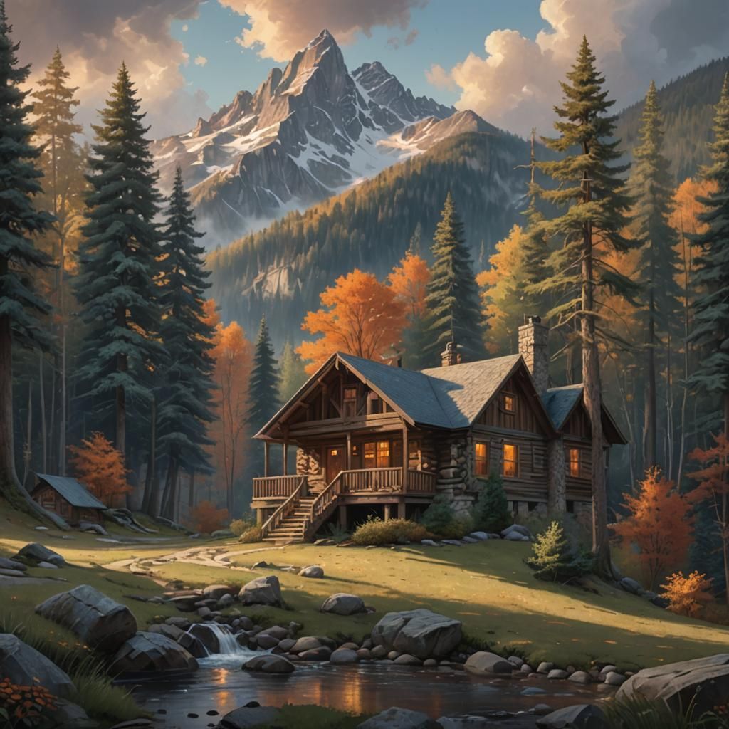 Cabin in Woods: Hyperrealistic Mountain Landscape