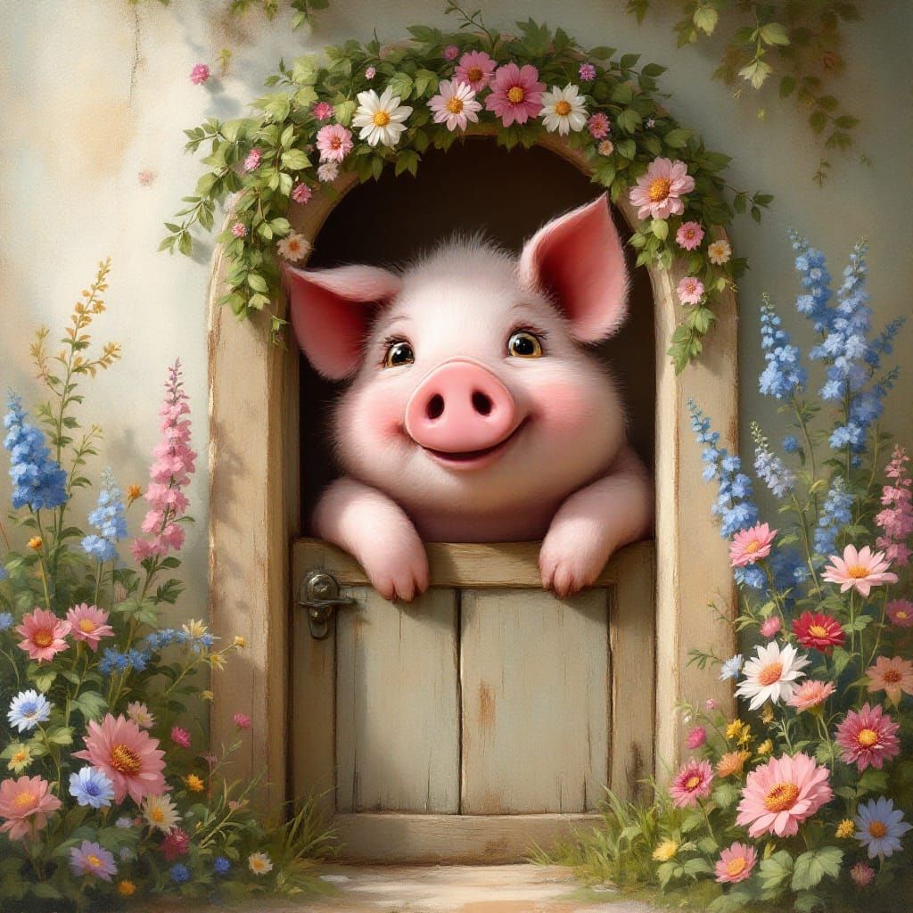 A cute, smiling pig peeks out of a wooden door, with flowers in the background, The painting has a dreamy, cute aestheti...