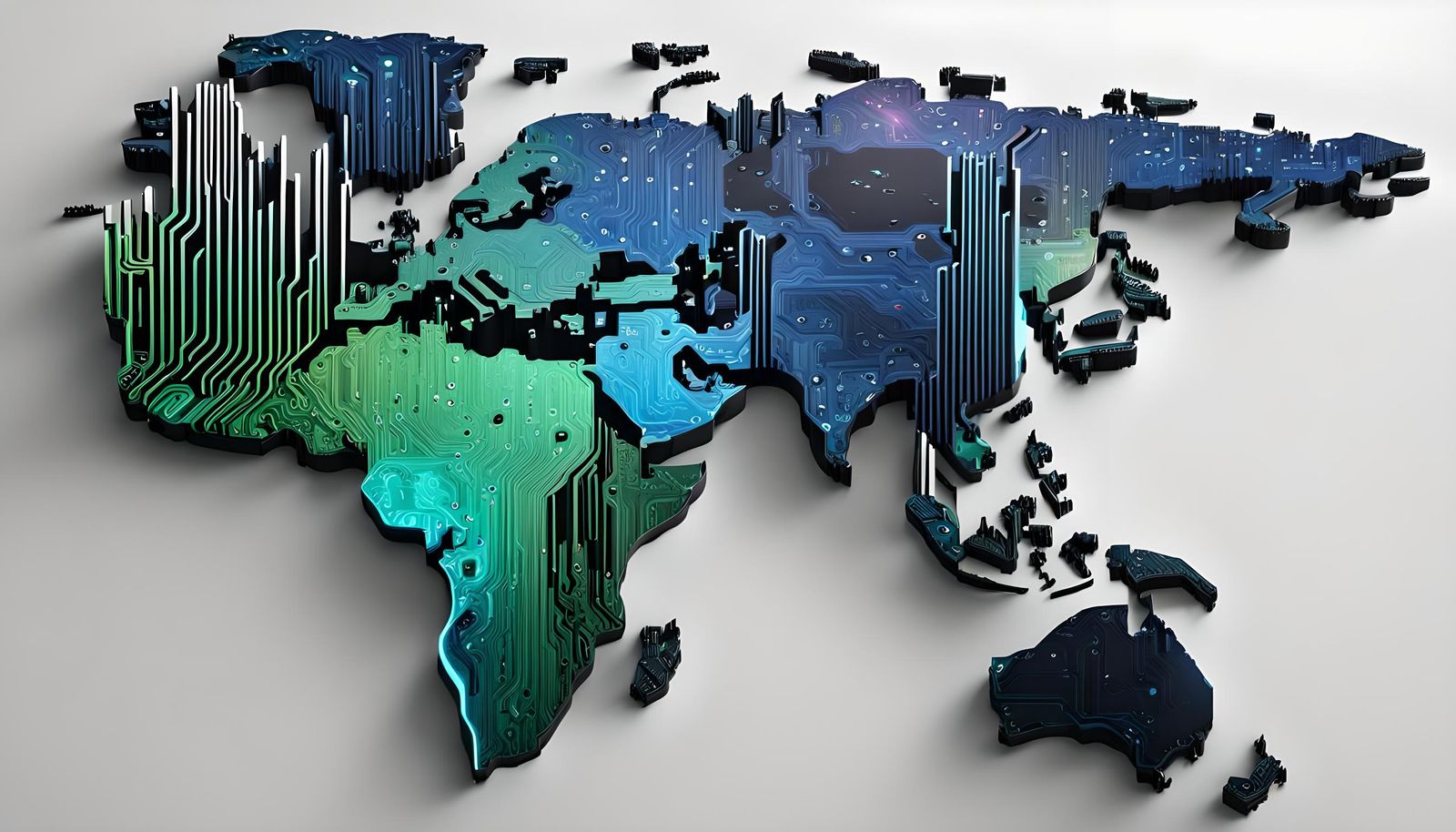 Holographic World Map on Motherboard in Glitch Art