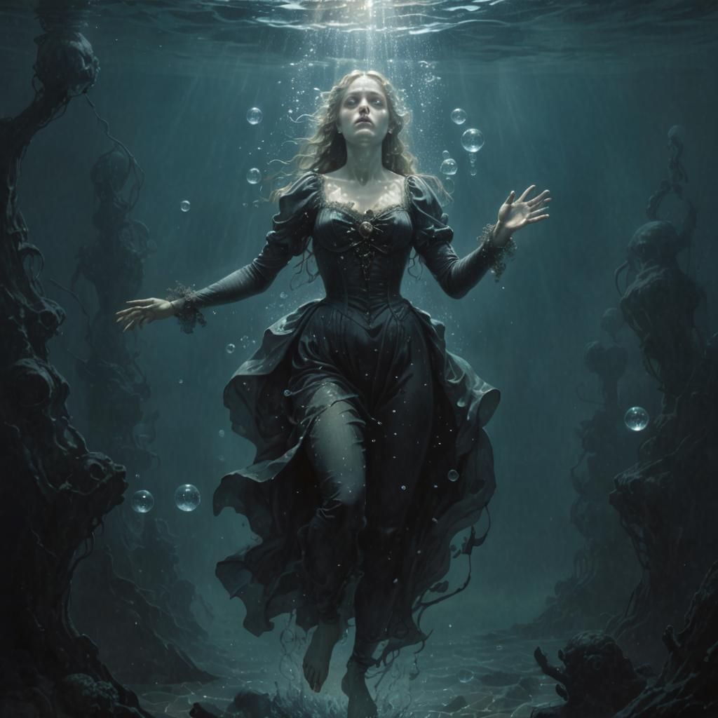 Woman Under Water with Air Bubbles in Horror Style
