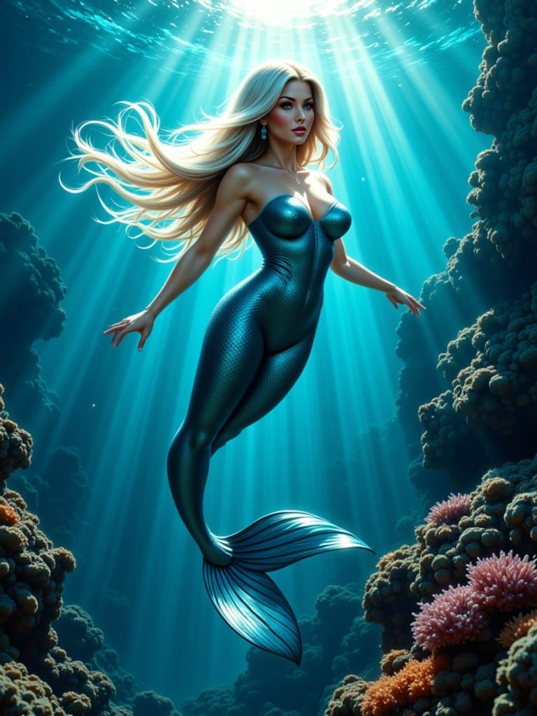 Majestic Mermaid in Sunlit Deep Blue Ocean
