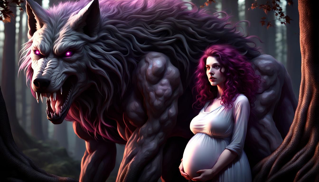 Werewolf and Pregnant Woman in Dark Cave