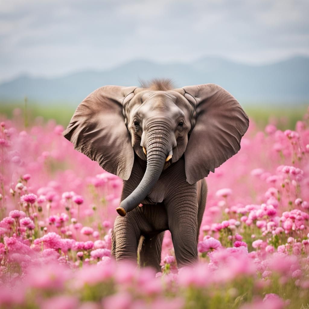Baby Elephant Playing in Pink Flowerfield