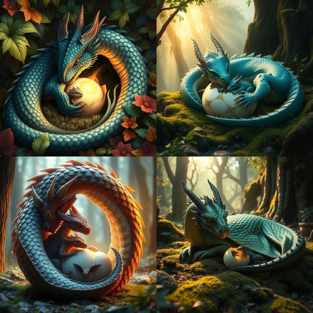 Loving Mom Dragon Guards Young Hatching in Whimsical Fantasy...