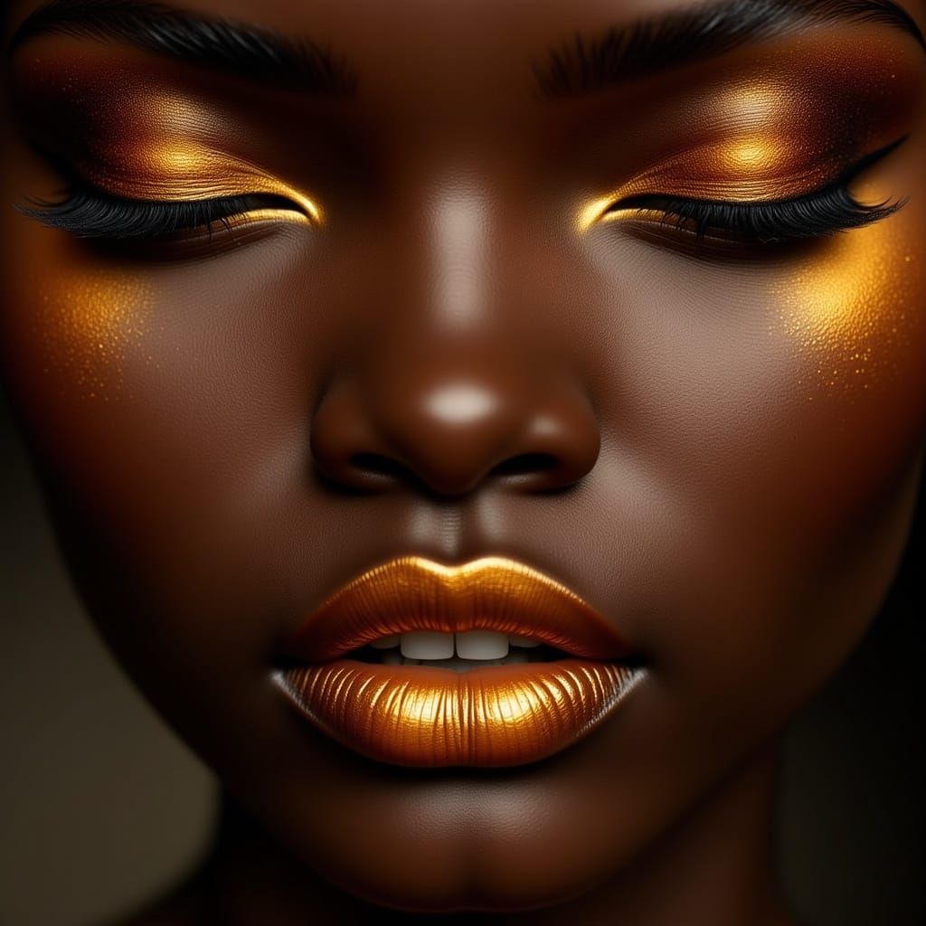 Black Woman Portrait with Gold Lipstick and Eyeshadow