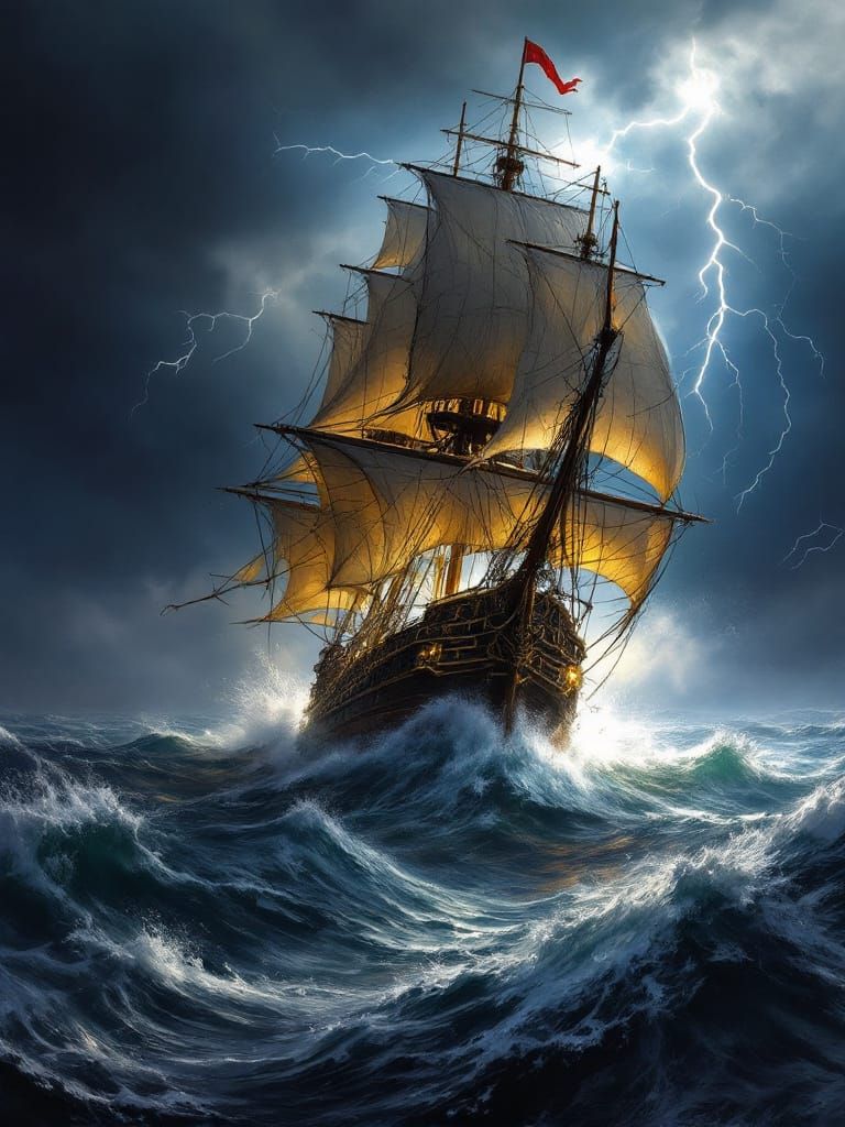 Galleon Battles Stormy Seas in Dramatic Digital Painting