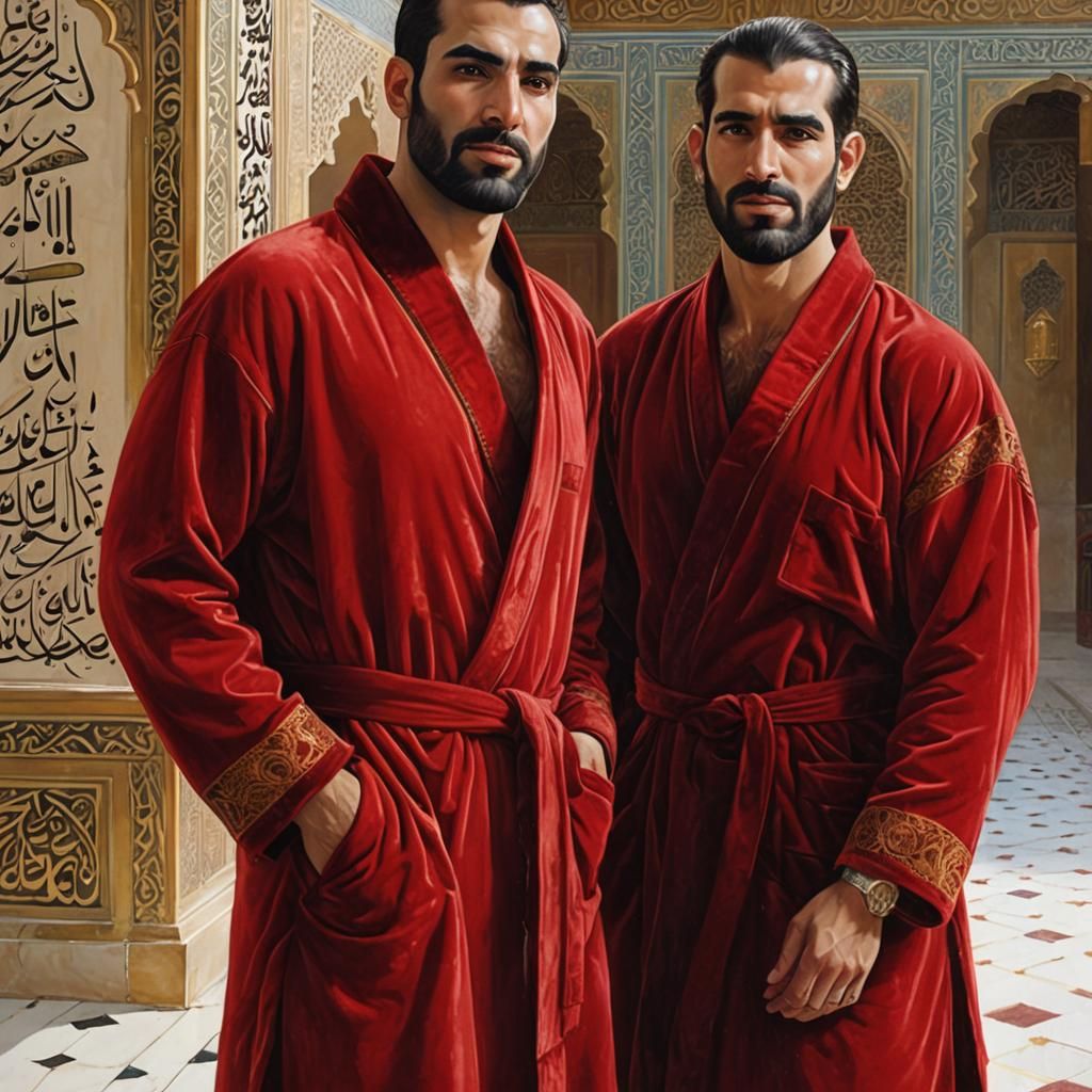 Men in Red Velvet Robes in Persian Palace